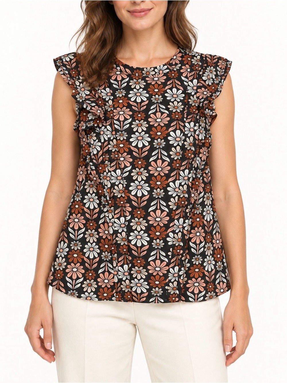 Floral Ruffle Sleeve Sleeveless Retro Top in Black and Rust